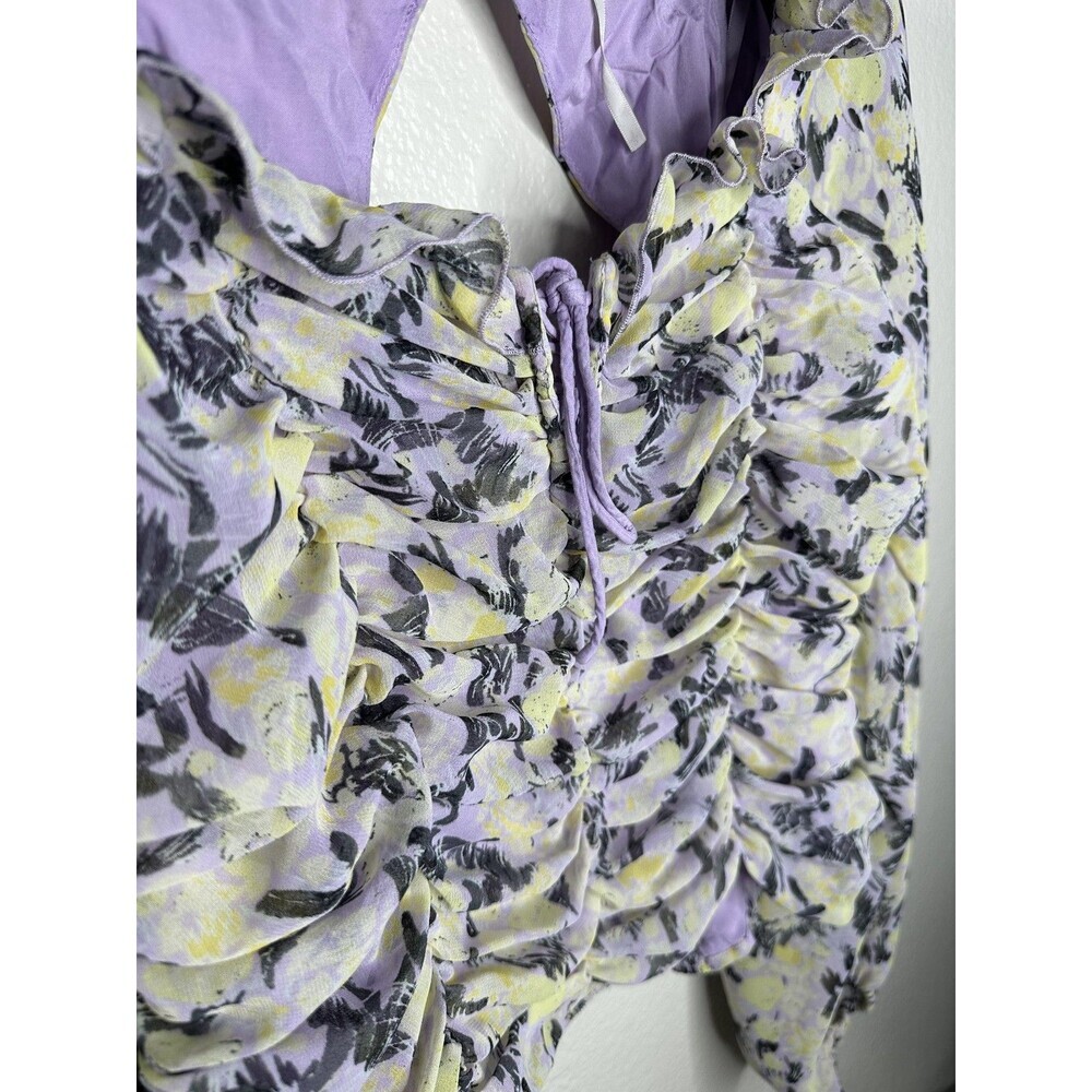 Free People Floral Ruched Blouse Womens Medium Long Sleeve Lace Up Smocked Back - Picture 2 of 6